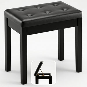 Moderne zwarte pianokruk met opbergruimte voor extra comfort en stijl, open deksel en strak design in mat zwart