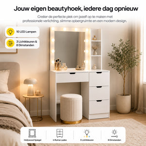 Kaptafel wit met Hollywood spiegel LED en ruime lades voor make-up | Zenzee