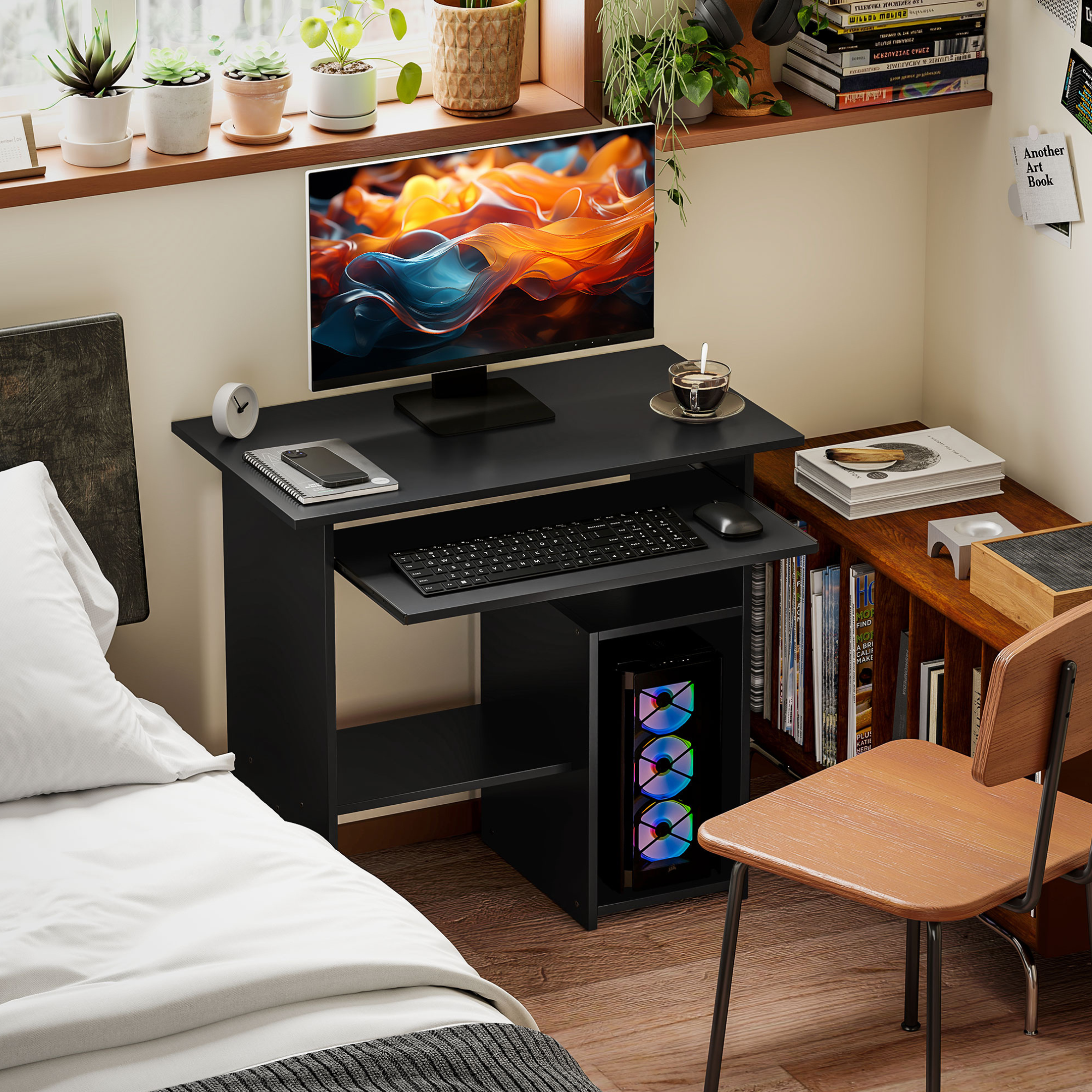 Compact zwart computerbureau 80 × 45 × 75 cm met lade & vakken voor praktische en stijlvolle werkplek in compacte ruimte