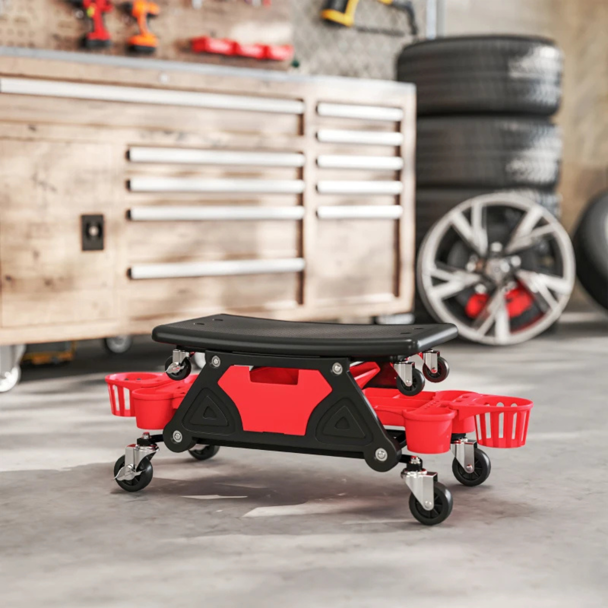 Ergonomische zadelkruk werkplaatskruk op wielen 86×33 cm met zadelzitting en praktische opbergmanden voor gereedschap