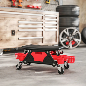 Ergonomische zadelkruk werkplaatskruk op wielen 86×33 cm met zadelzitting en praktische opbergmanden voor gereedschap