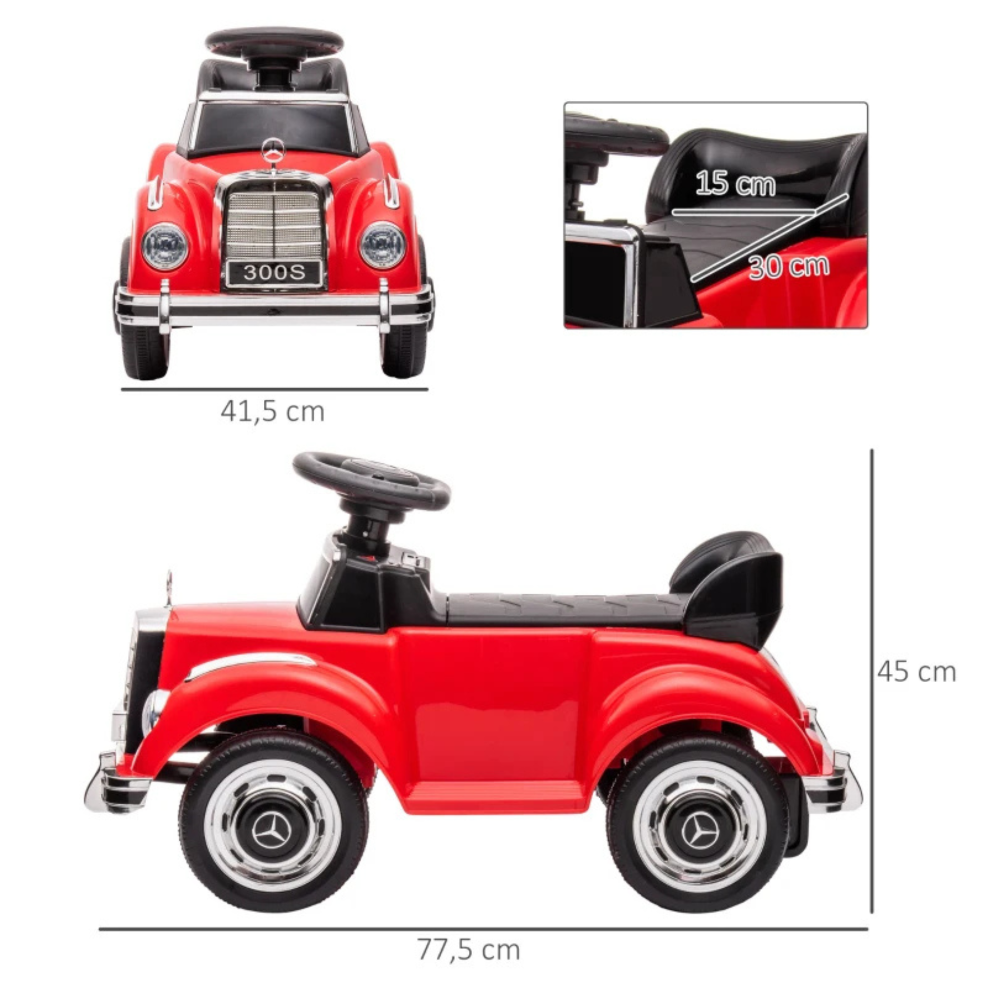 Rode kinderloopauto met opbergruimte voor veilig en leuk speelplezier, stevige uitvoering met retro design en afmetingen weergegeven