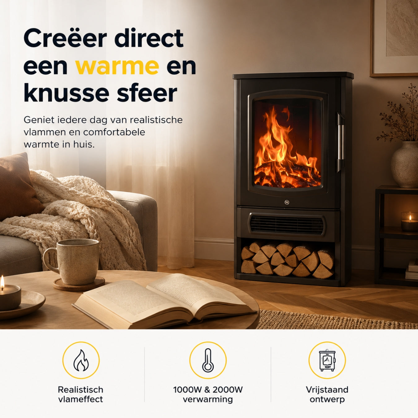 Vrijstaande elektrische sfeerhaard zwart – 2000W met realistisch vlameffect | Zenzee
