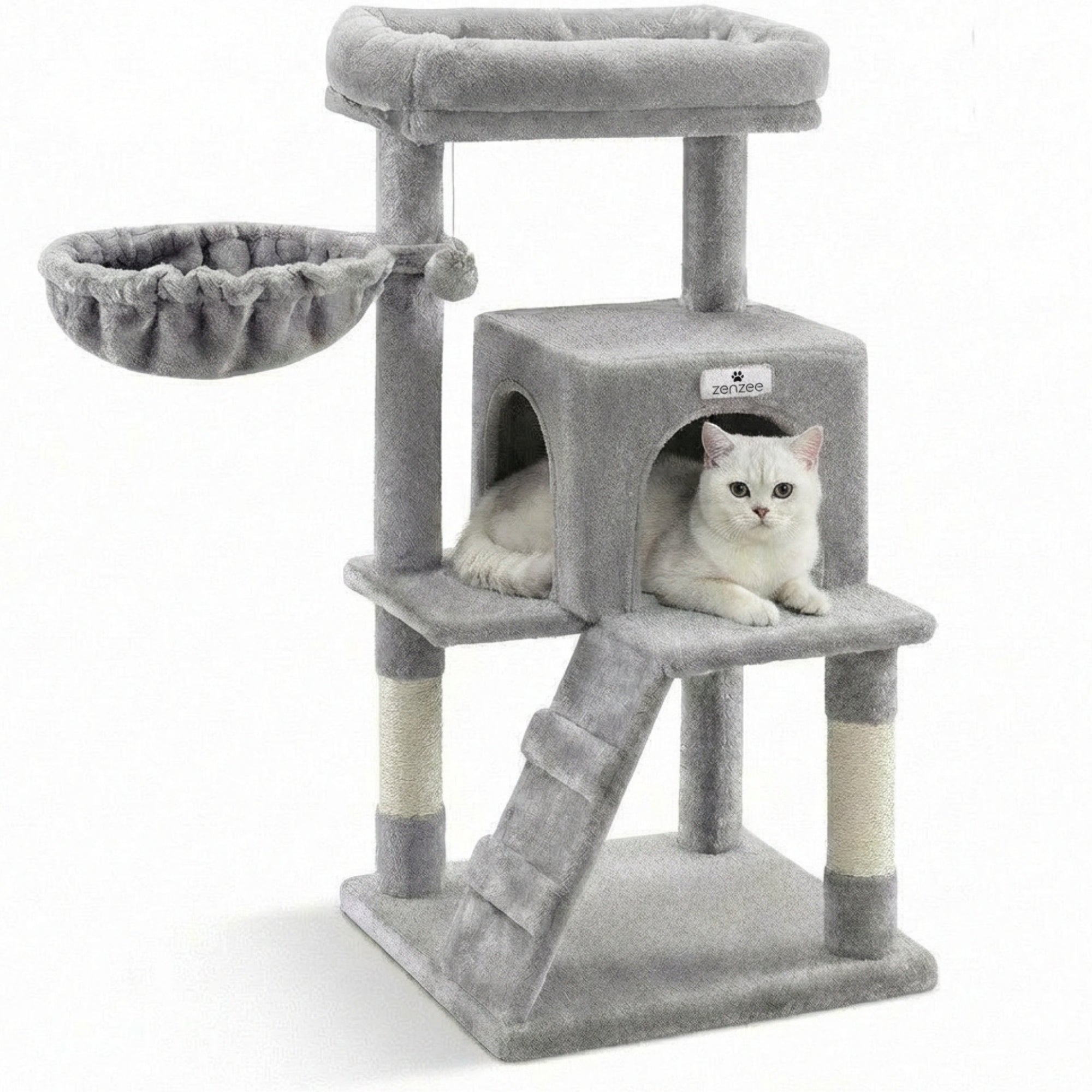 Krabpaal – Ook voor kittens en senior katten – Compact- Modern - Lichtgrijs – 49 x49 x 97 cm in galerijpositie 1 met kattenhuis en hangmand