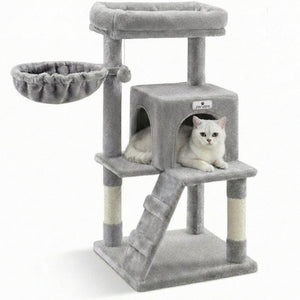 Krabpaal – Ook voor kittens en senior katten – Compact- Modern - Lichtgrijs – 49 x49 x 97 cm in galerijpositie 1 met kattenhuis en hangmand
