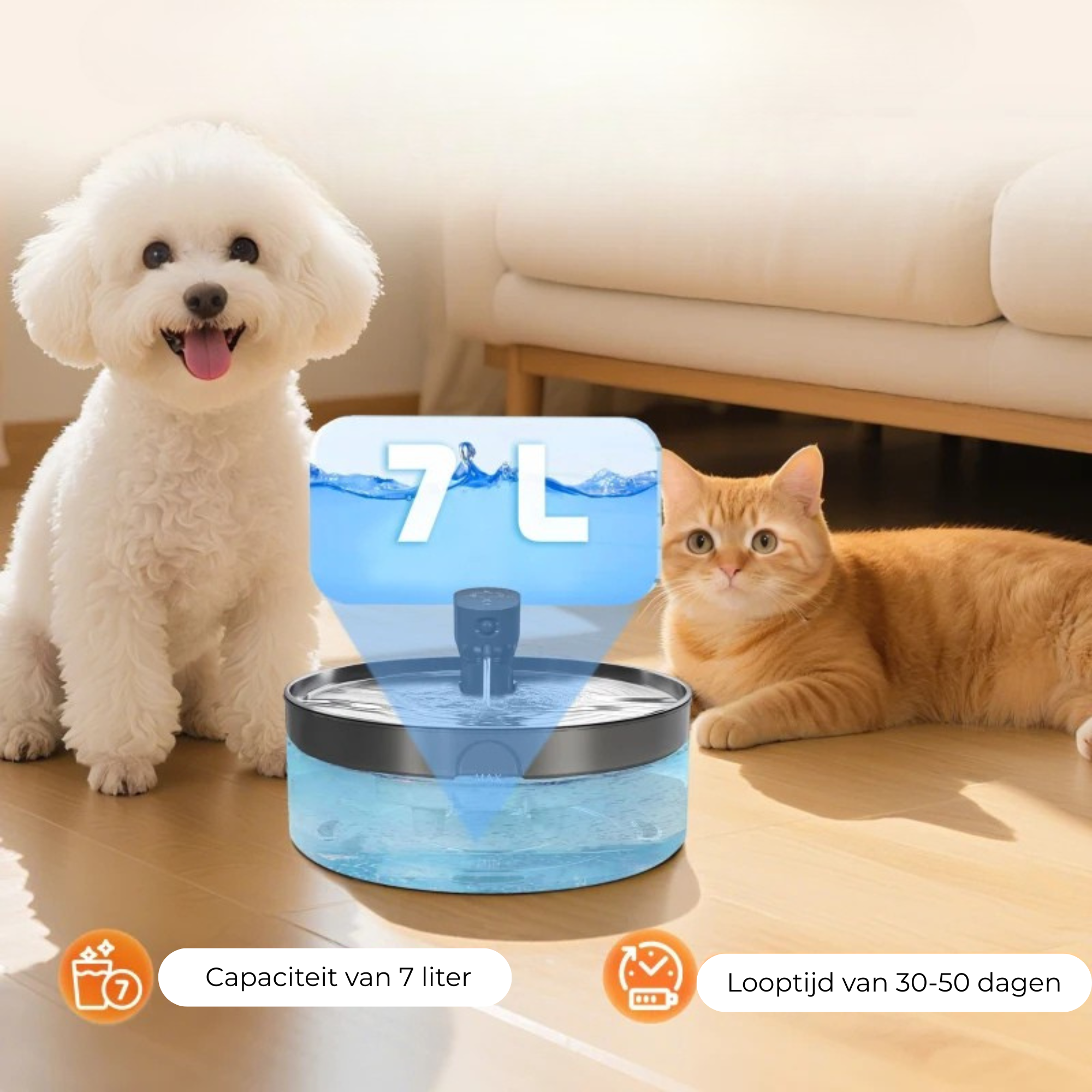 Honden- en kattenfontein 7 liter met stille pomp en led voor kat en hond