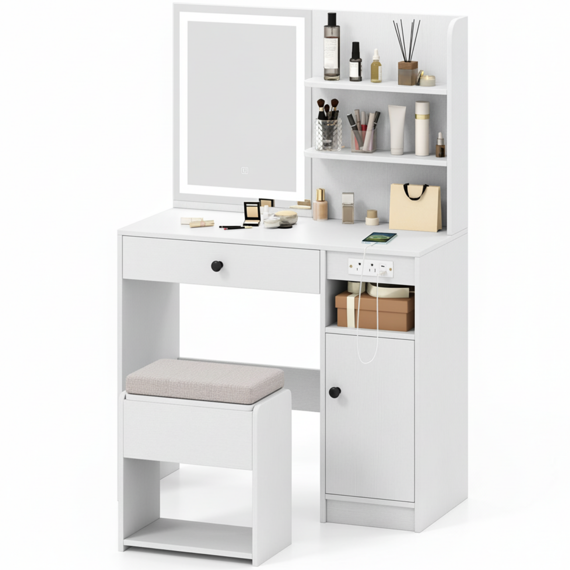 Make-up tafel kaptafel met hocker met LED-spiegel 90x40x136 cm – wit, praktisch ontwerp met opbergruimte en modern stijlvol uiterlijk