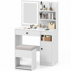 Make-up tafel kaptafel met hocker met LED-spiegel 90x40x136 cm – wit, praktisch ontwerp met opbergruimte en modern stijlvol uiterlijk