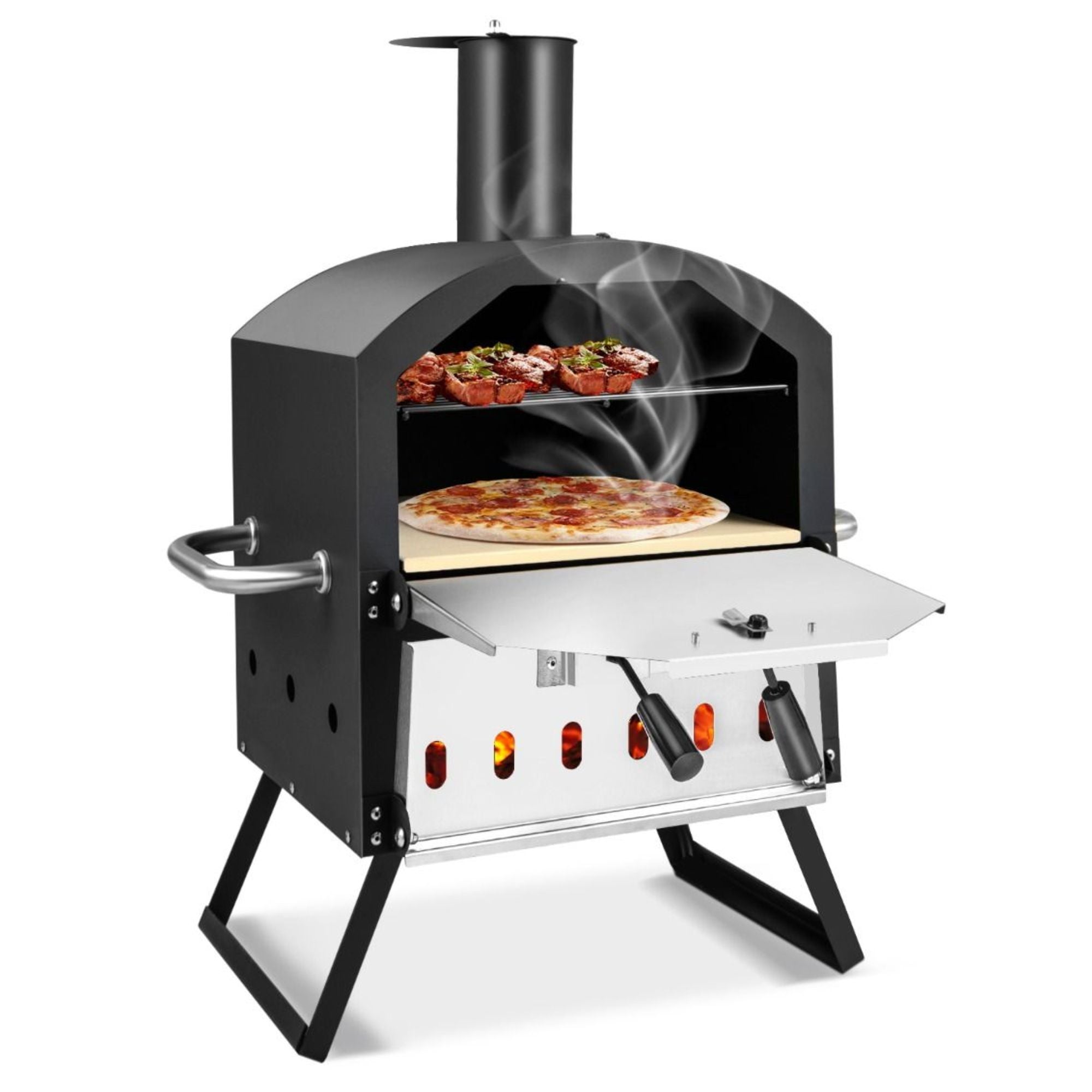 Pizzaoven voor buiten – draagbaar voor pizza, vlees en brood - Met afdekhoes met rook en hitte voor authentieke houtoven smaak