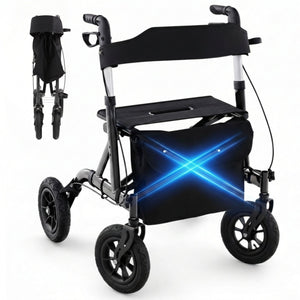 Rollator met all-terrain luchtbanden en comfortabele zitfunctie zwart voor stabiel en veilig gebruik binnen en buiten