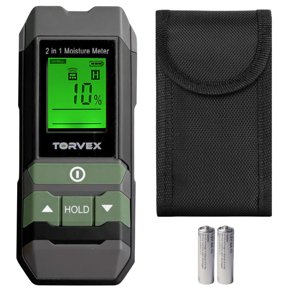 Torvex 3 in 1 digitale vochtmeter – Temperatuurmeter - Vochtmeter muren – Voor hout en bouwmaterialen – Incl. batterijen & opberghoes