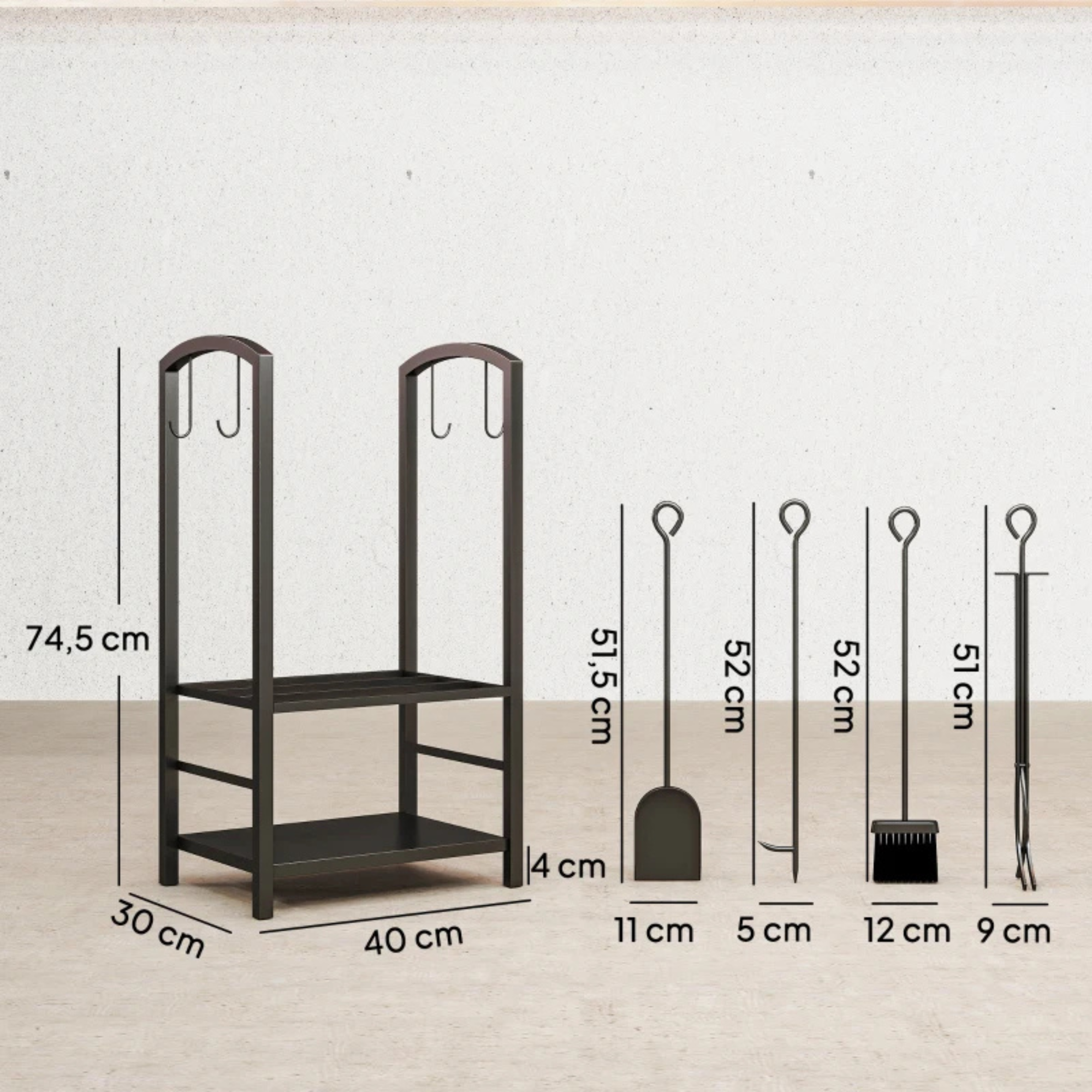 Zwart modern houtrek voor brandhout en haardhout 40x30x74 cm met praktische haardset en strak ontwerp