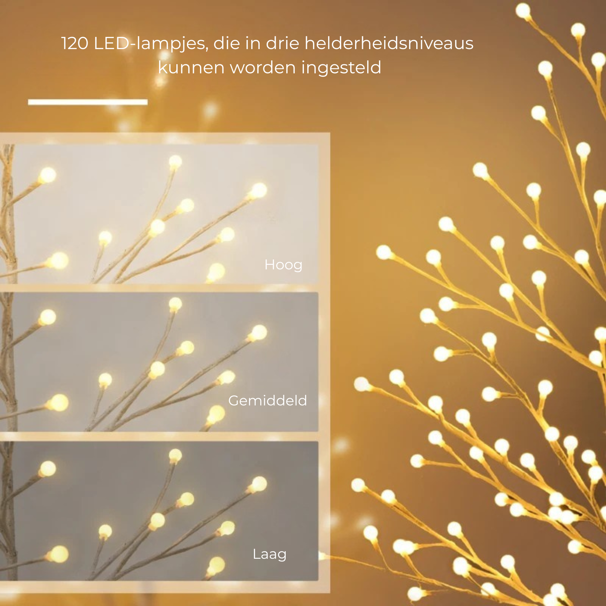 Lichtboom met 120 warmwitte LED’s op 150 cm hoogte voor een sfeervolle kerst met instelbare helderheidsniveaus