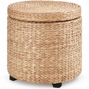 Ronde hocker met opbergruimte en afneembare deksel – stro rotan – Ø43×43 cm in khaki met verborgen opbergruimte