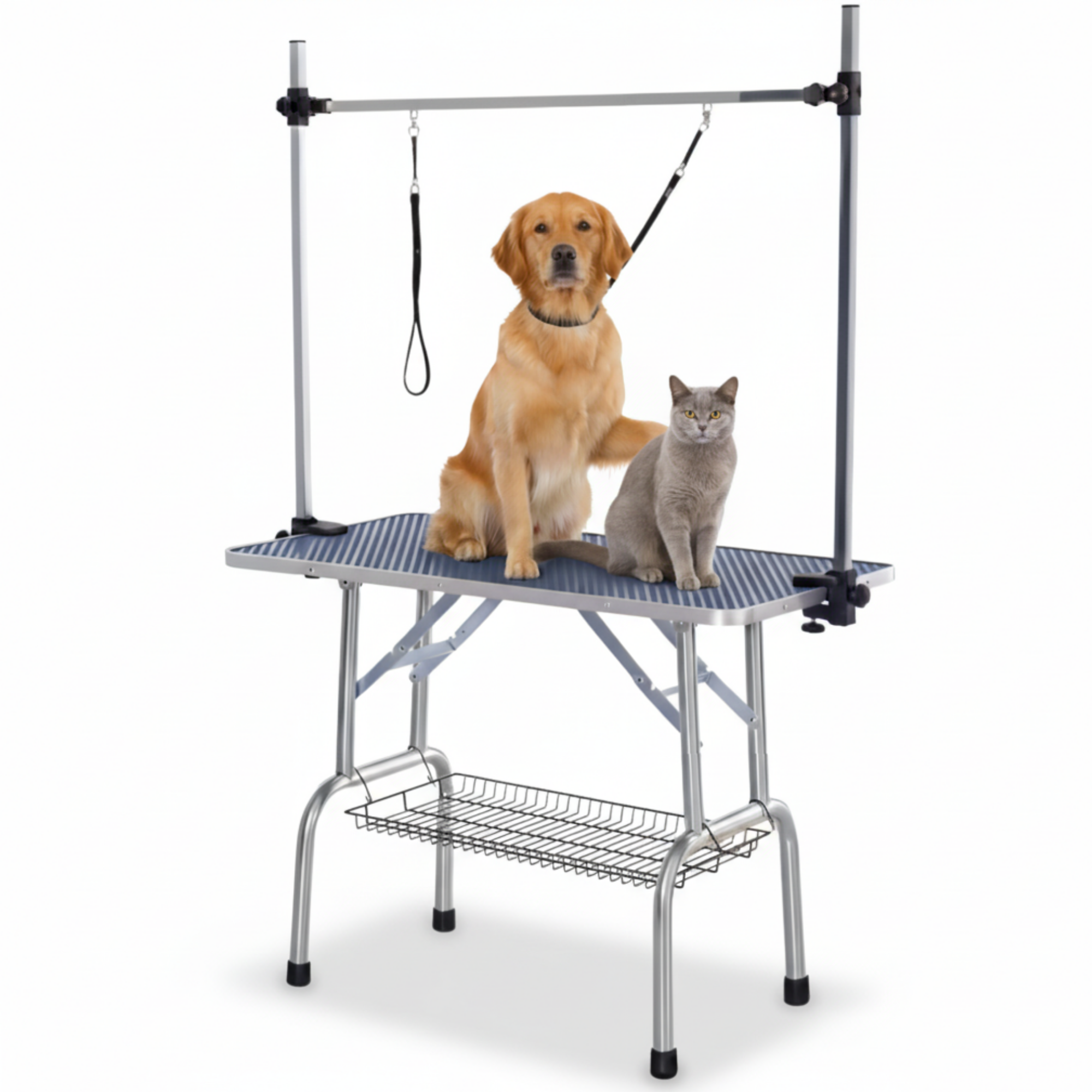 Honden trimtafel zwart 107x60x170 cm – Inklapbare tafel met verstelbare trimarm en aanlijnoptie, geschikt voor hond en kat