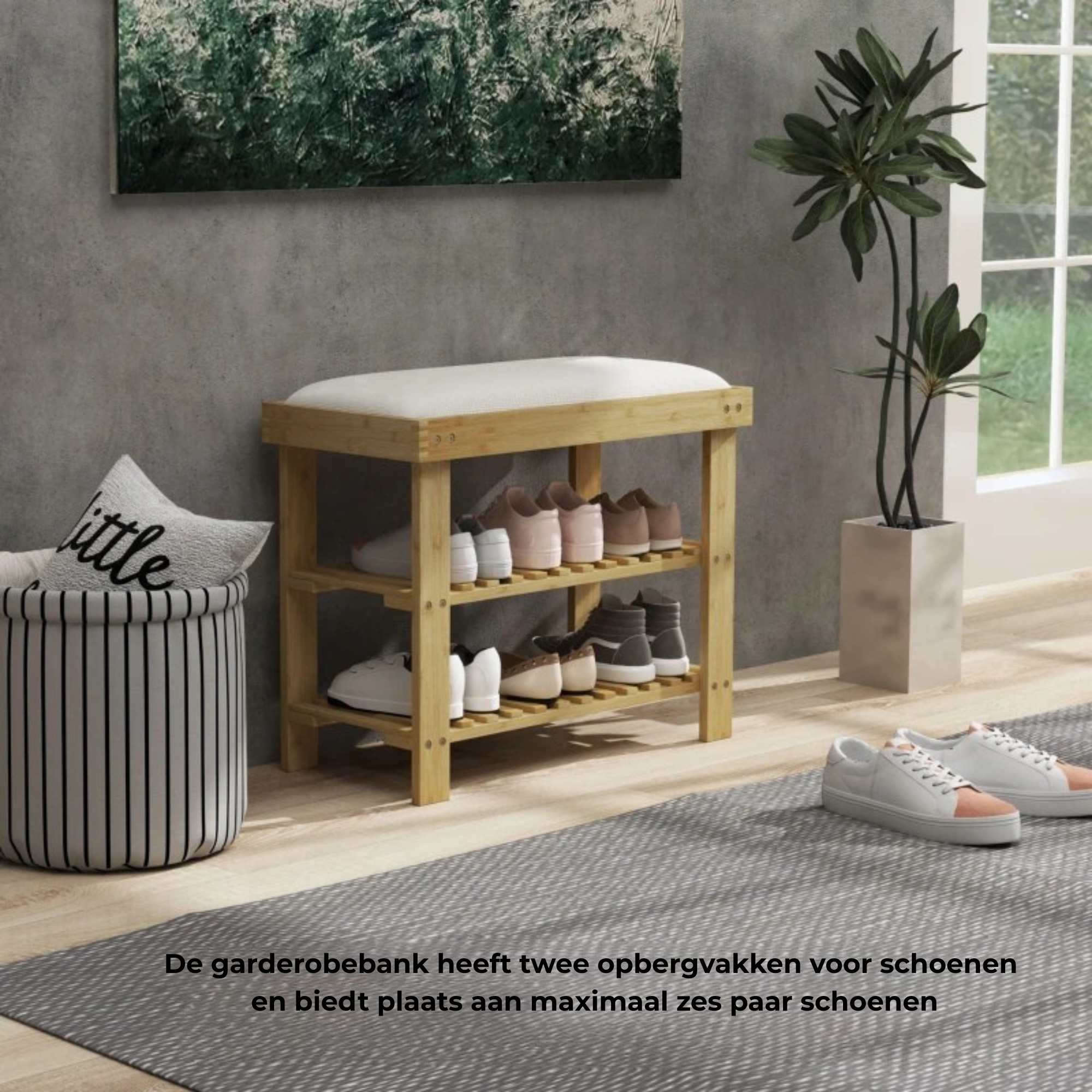 Bamboe schoenenbank met linnenkussen en dubbele opbergruimte