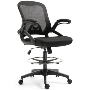 Comfortabele ergonomische bureaustoel met sta-op functie in zwart met ventilerende netstof rugleuning en verstelbare voetsteun