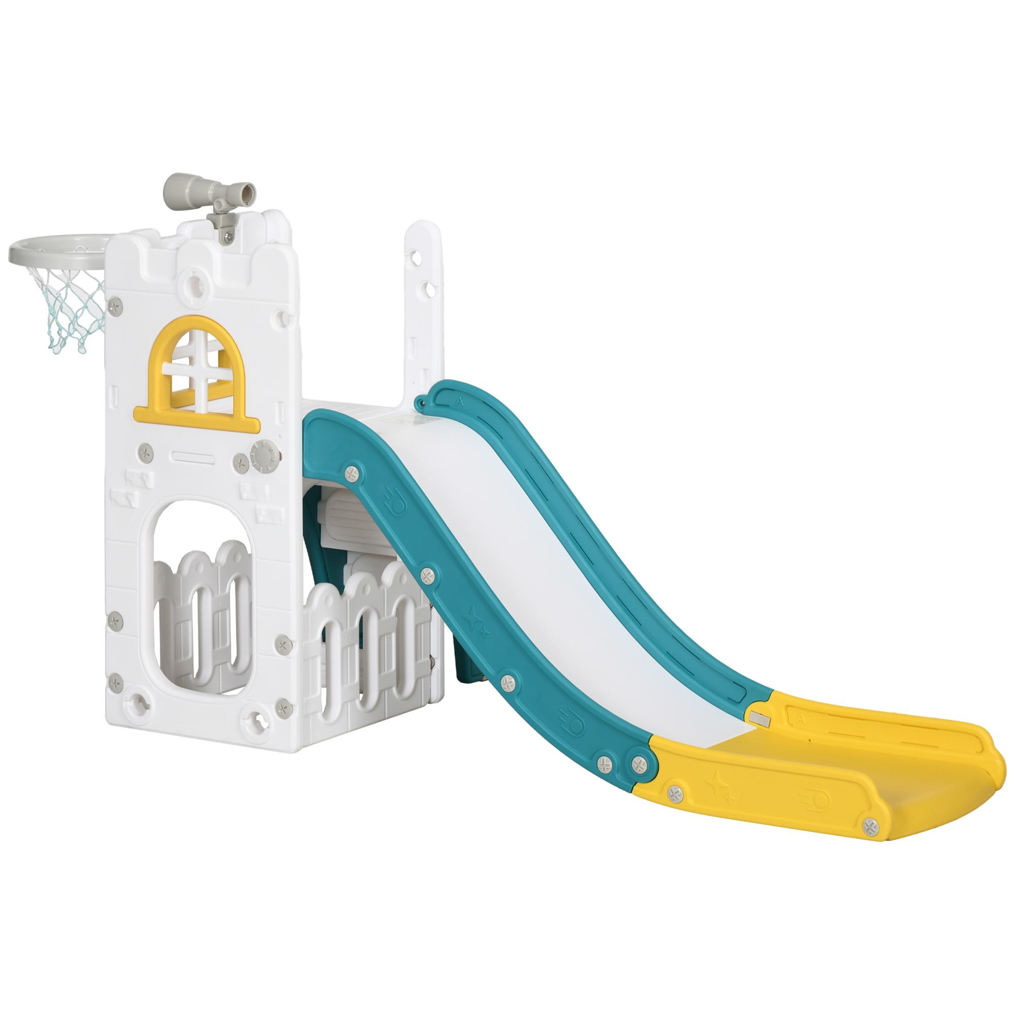 Kinderglijbaan met basketbalring voor actief en veilig speelplezier met stevige plastic constructie en speelse kleuren