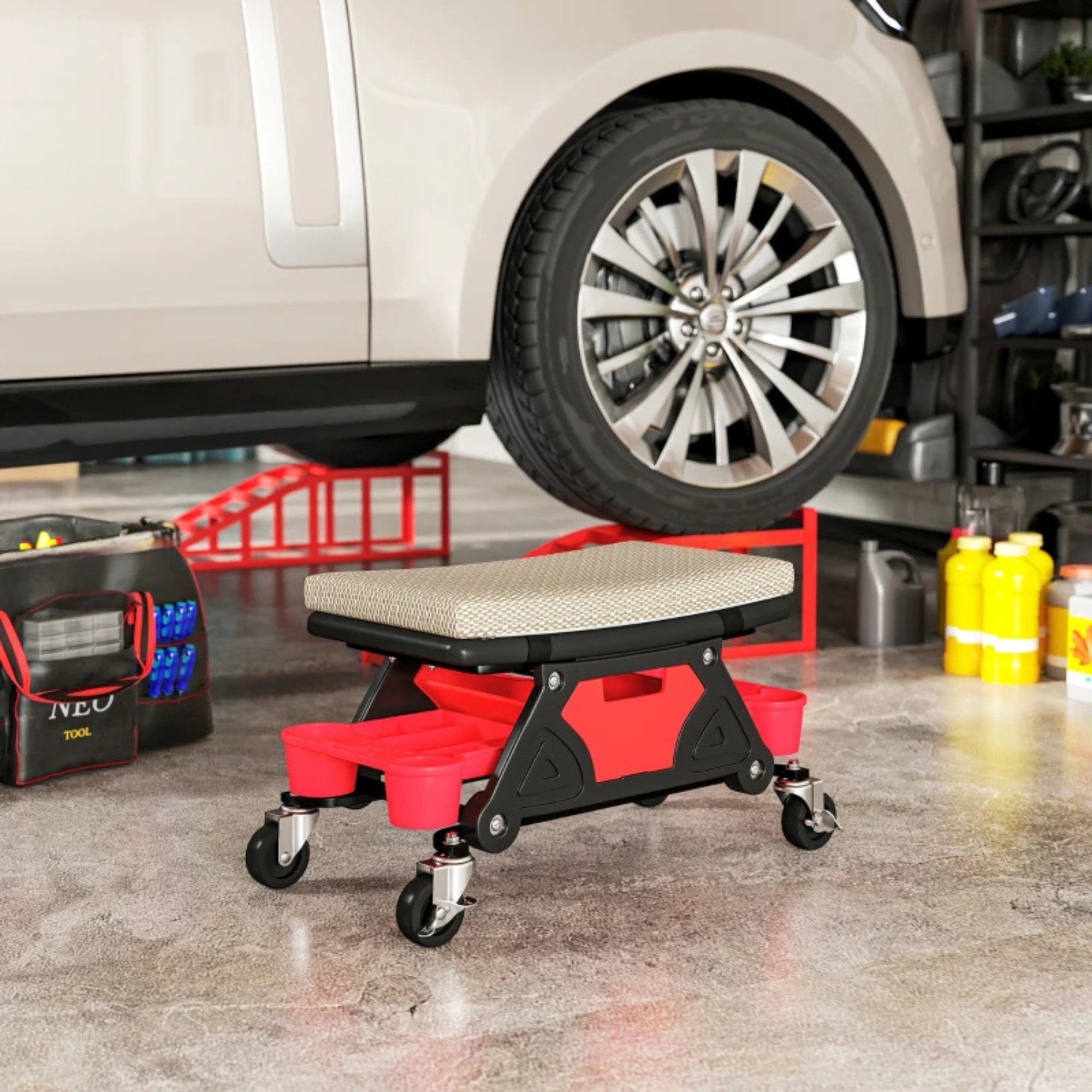 Zadelkruk op wielen voor werkplaats en hobbyruimte met stabiele zithouding en ergonomische schuimzitting voor comfortabel werken