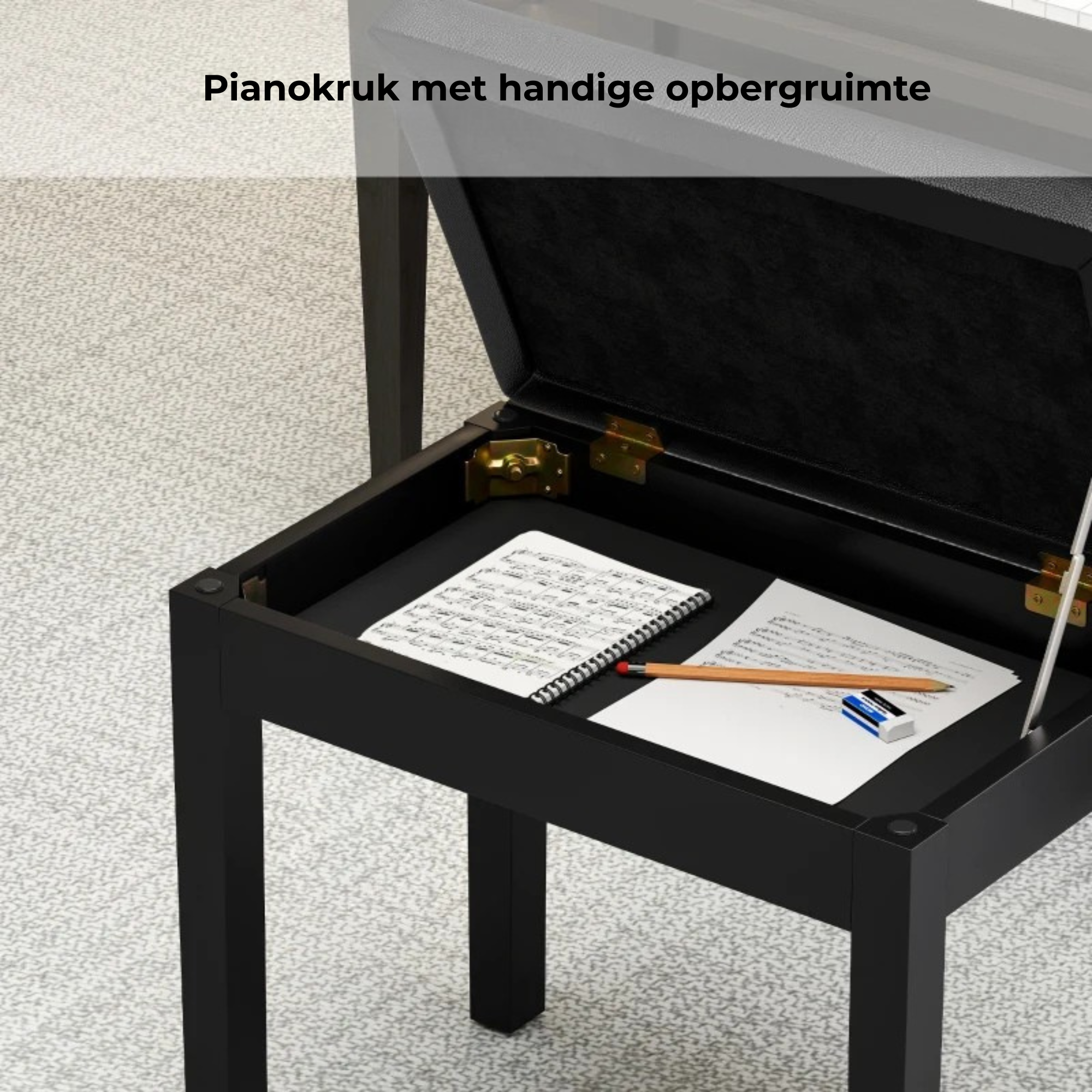 Moderne zwarte pianokruk met opbergruimte voor extra comfort en stijl – praktisch en strak design voor muziekaccessoires