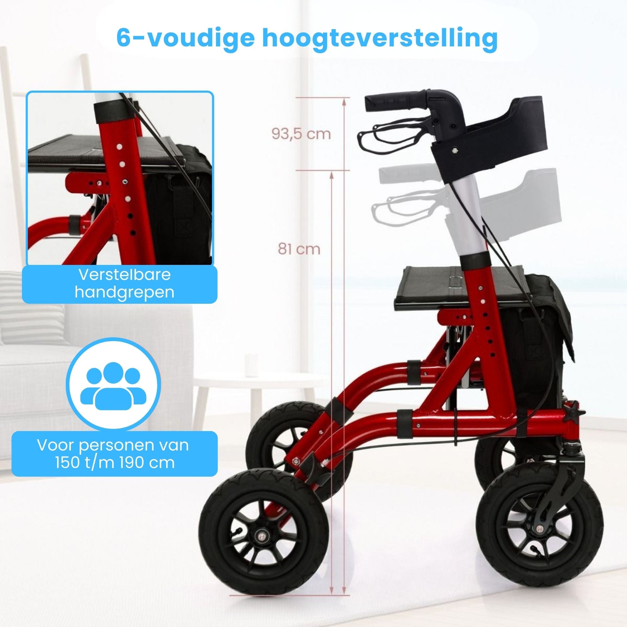 Rollator met all-terrain luchtbanden en comfortabele zitfunctie rood met 6-voudige hoogteverstelling en verstelbare handgrepen