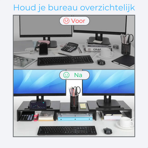 Ergonomische monitorverhoger zwart voor 2 monitors – verbeter je werkhouding en houdt je bureau netjes en overzichtelijk | Zenzee