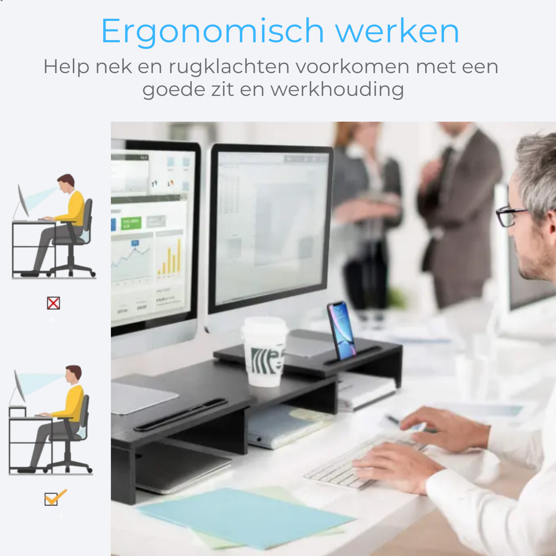 Ergonomische monitorverhoger zwart voor 2 monitors – verbeter je werkhouding | Zenzee