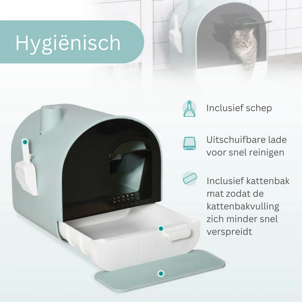 Praktische kattenbak met uitneembare lade, groene mat en schep compleet | Zenzee