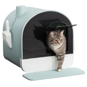 Praktische kattenbak met uitneembare lade, groene mat en schep compleet | Zenzee met modern stijlvol ontwerp en kattenluik