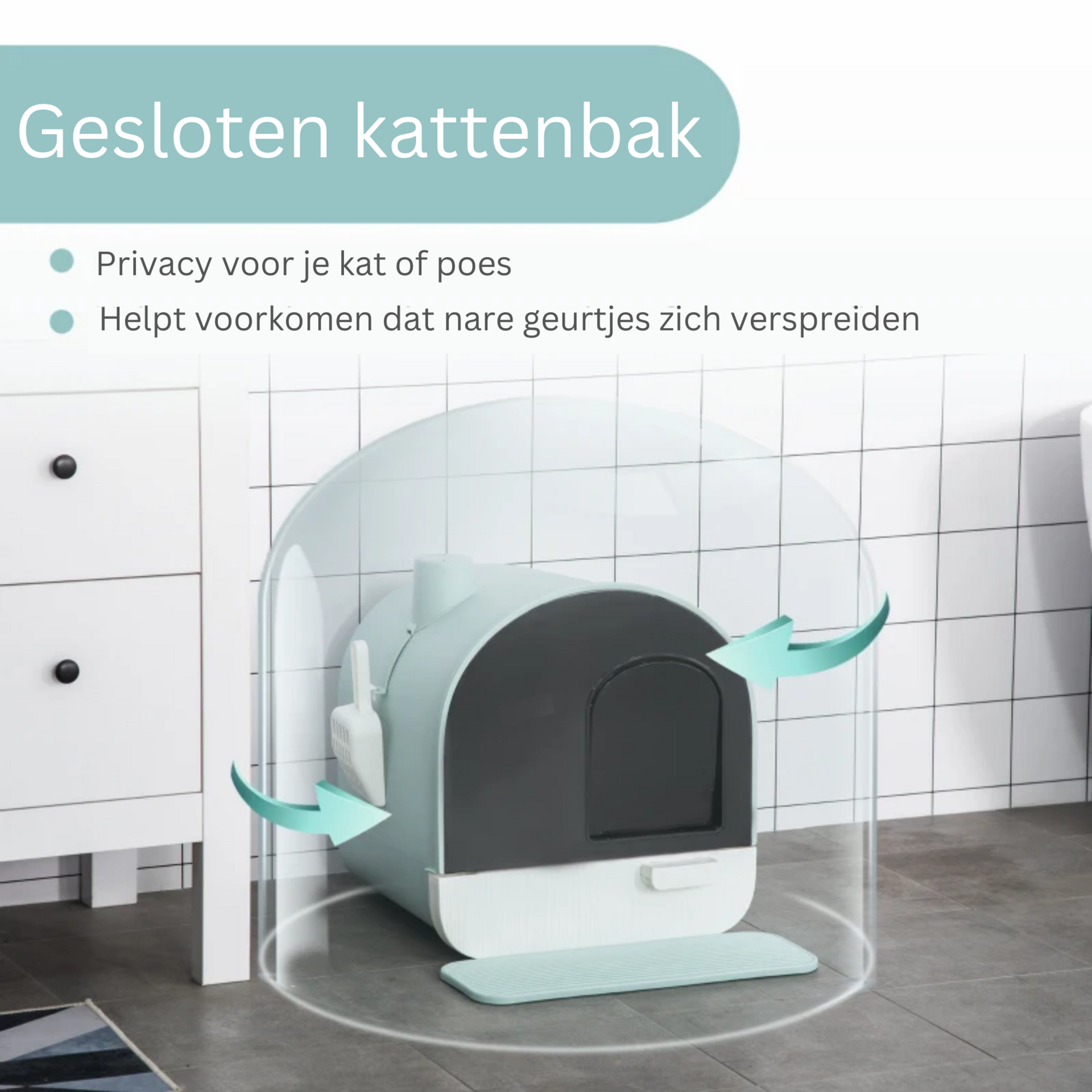 Praktische kattenbak met uitneembare lade, groene mat en schep compleet | Zenzee