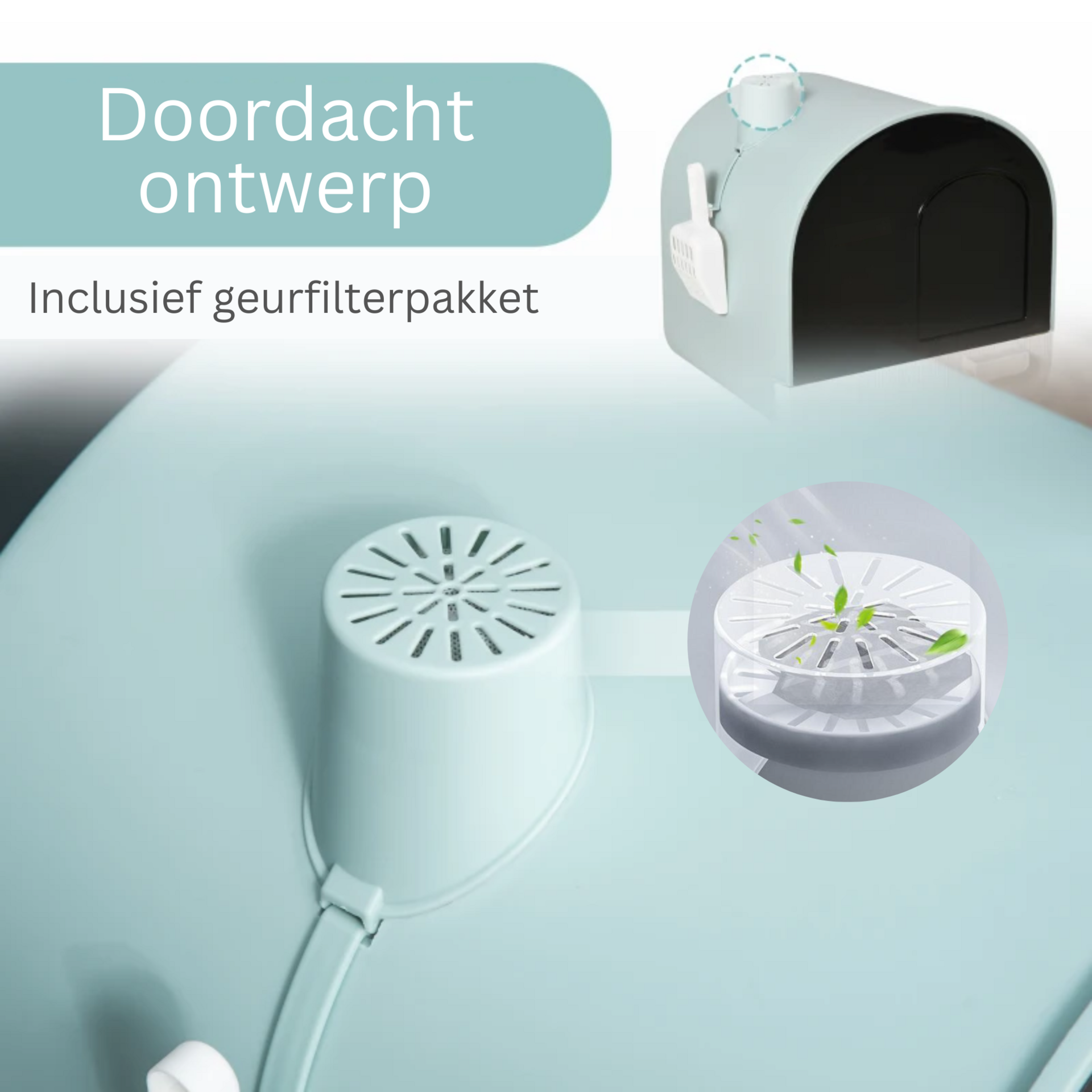 Praktische kattenbak met uitneembare lade, groene mat en schep compleet | Zenzee