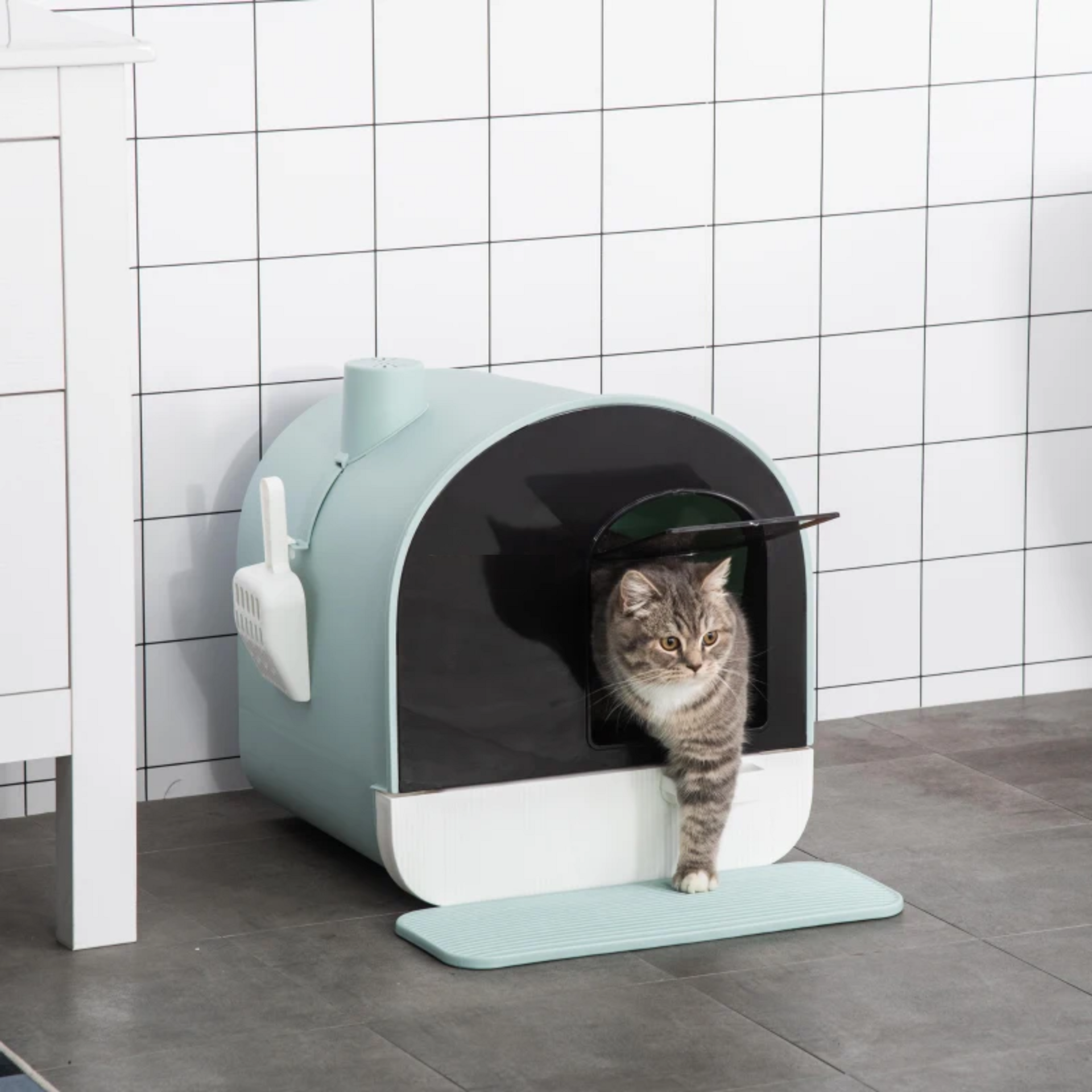 Praktische kattenbak met uitneembare lade, groene mat en schep compleet | Zenzee