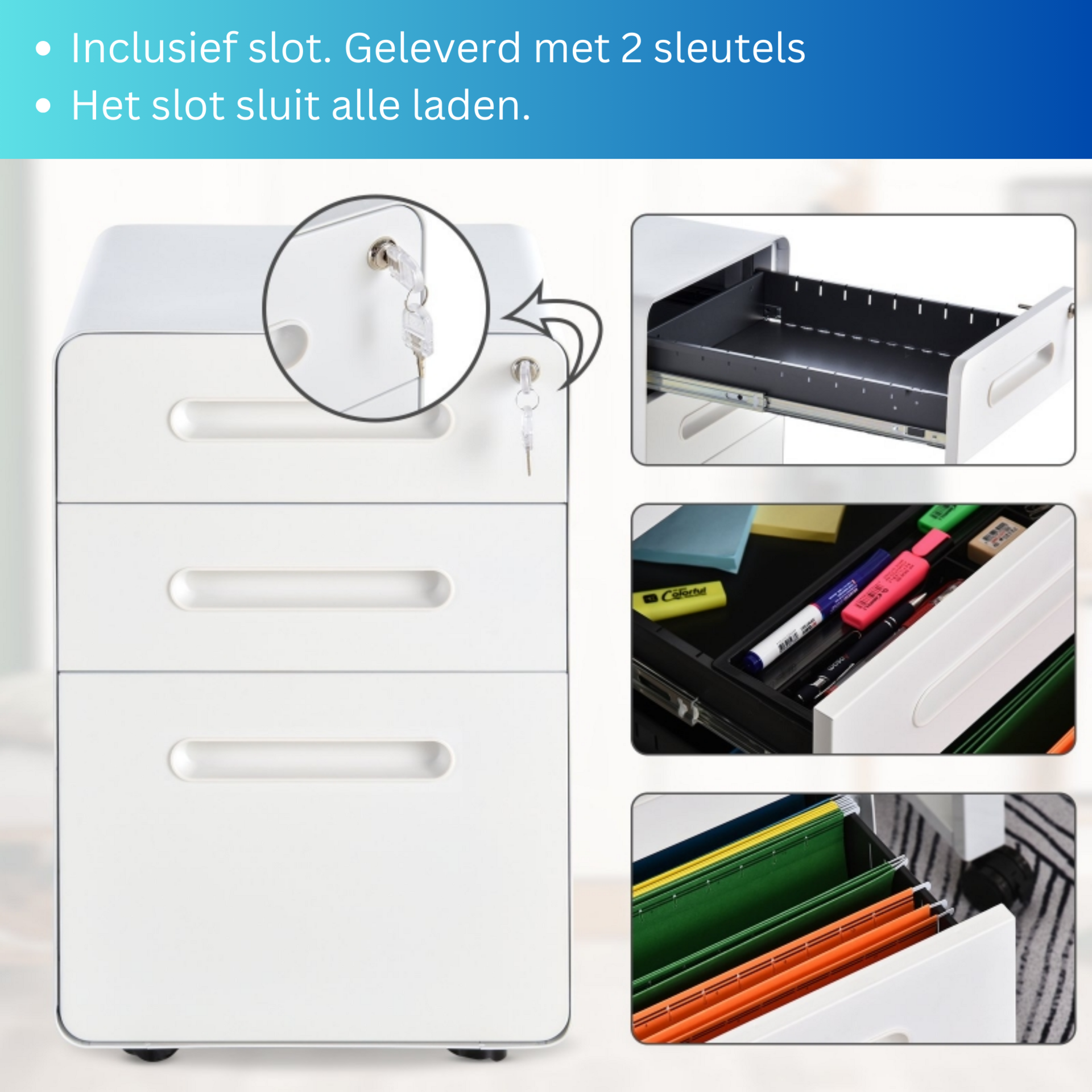 Compact ladeblok bureau wit staal met 3 lades en veilig slotsysteem