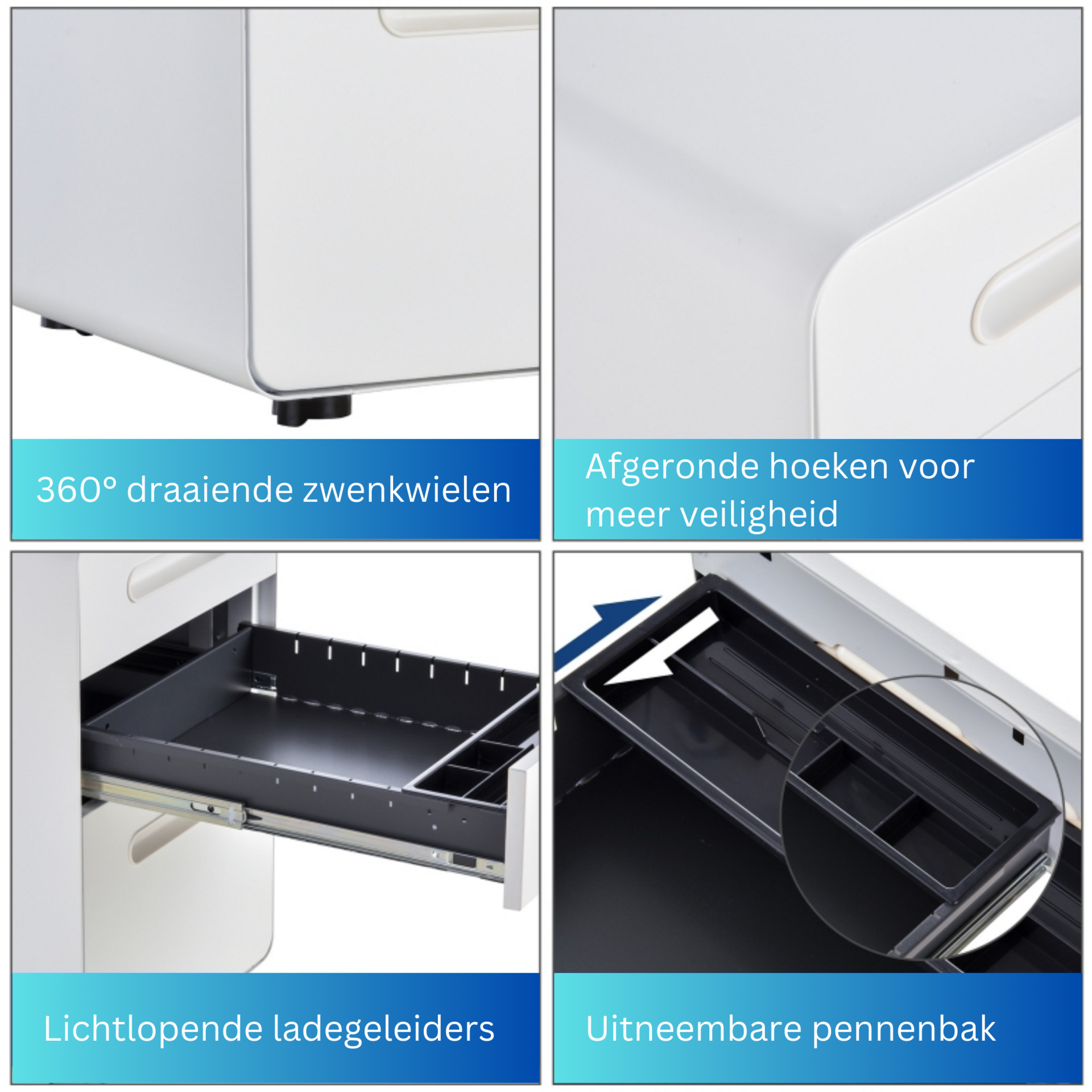Compact ladeblok bureau wit staal met 3 lades en veilig slotsysteem