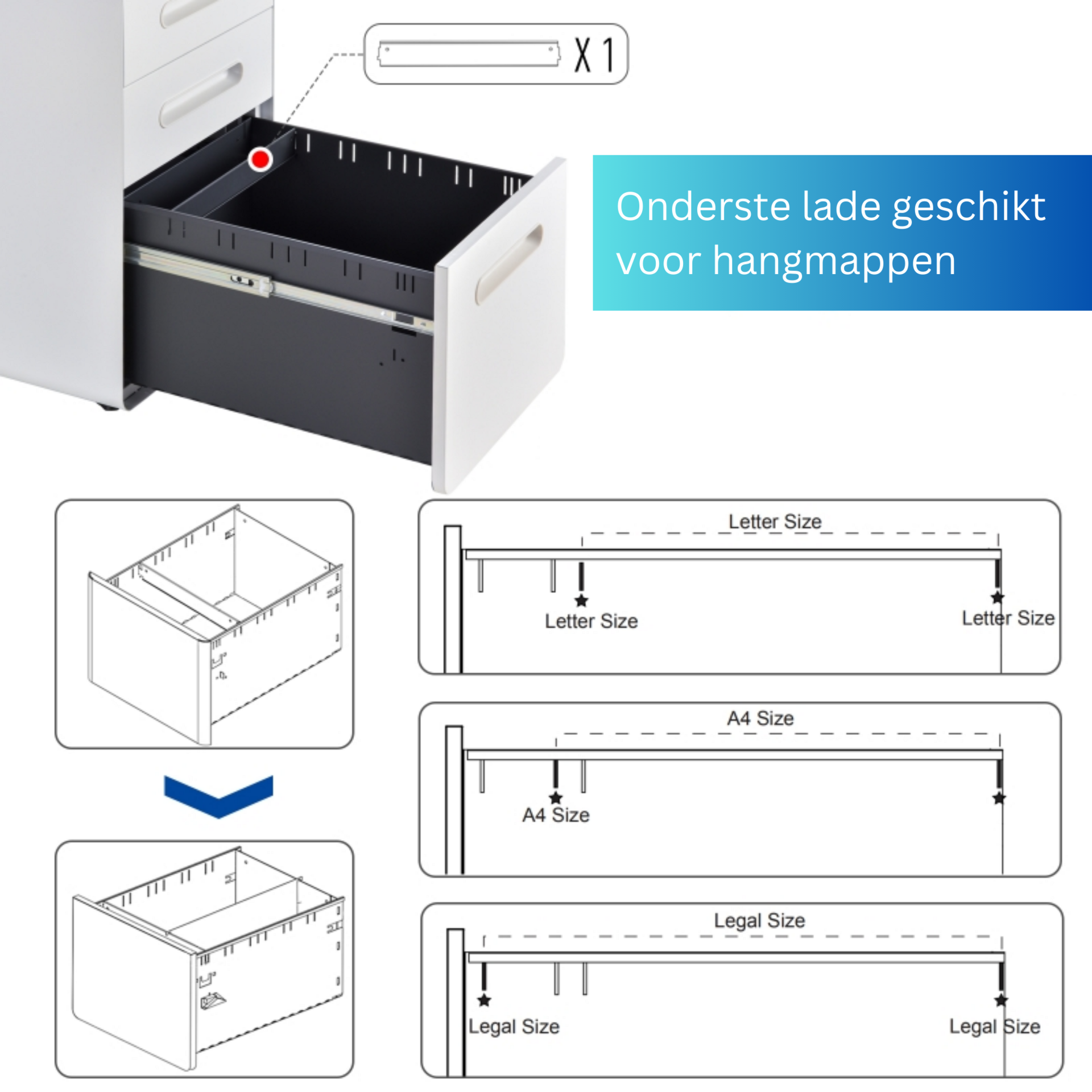 Compact ladeblok bureau wit staal met 3 lades en veilig slotsysteem