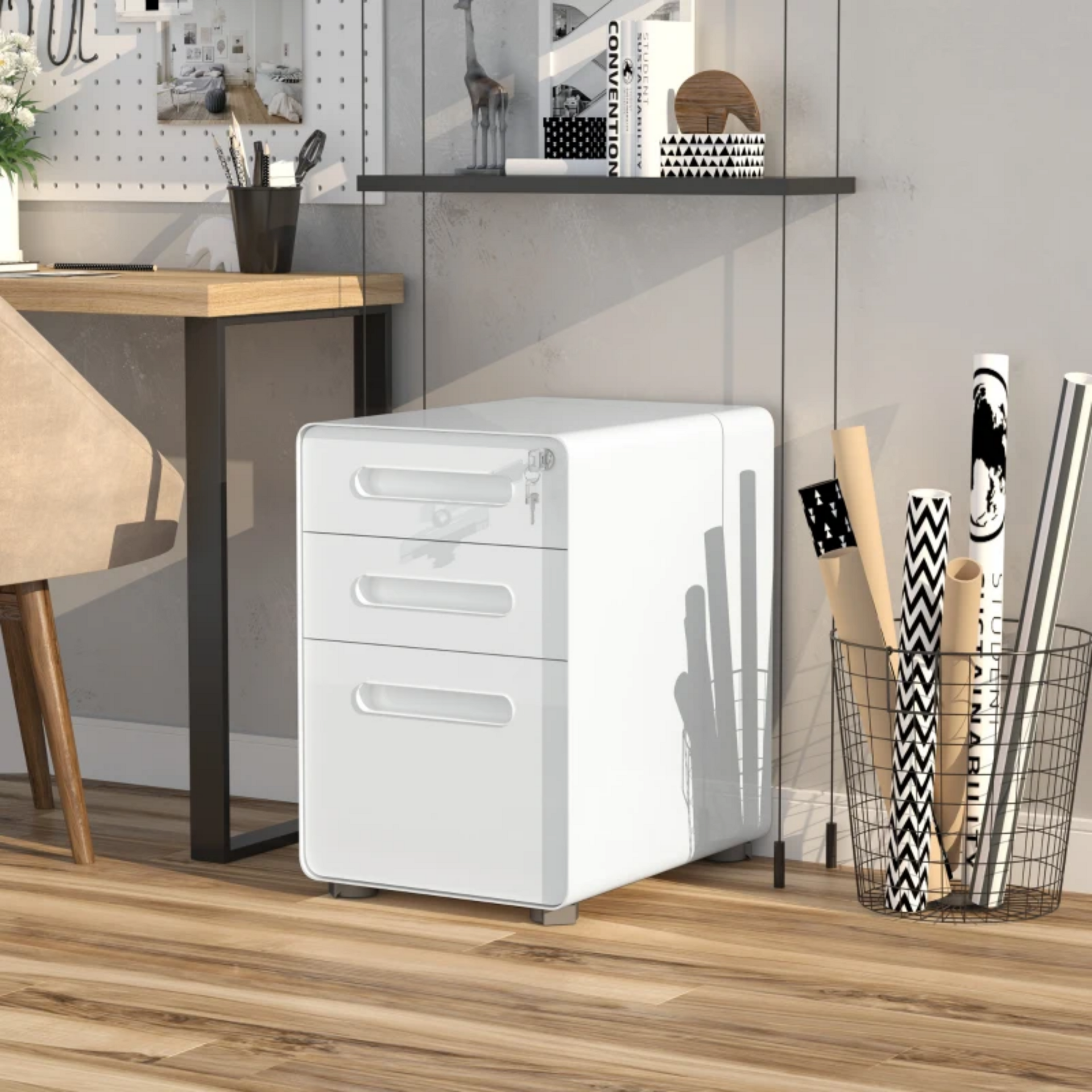 Compact ladeblok bureau wit staal met 3 lades en veilig slotsysteem