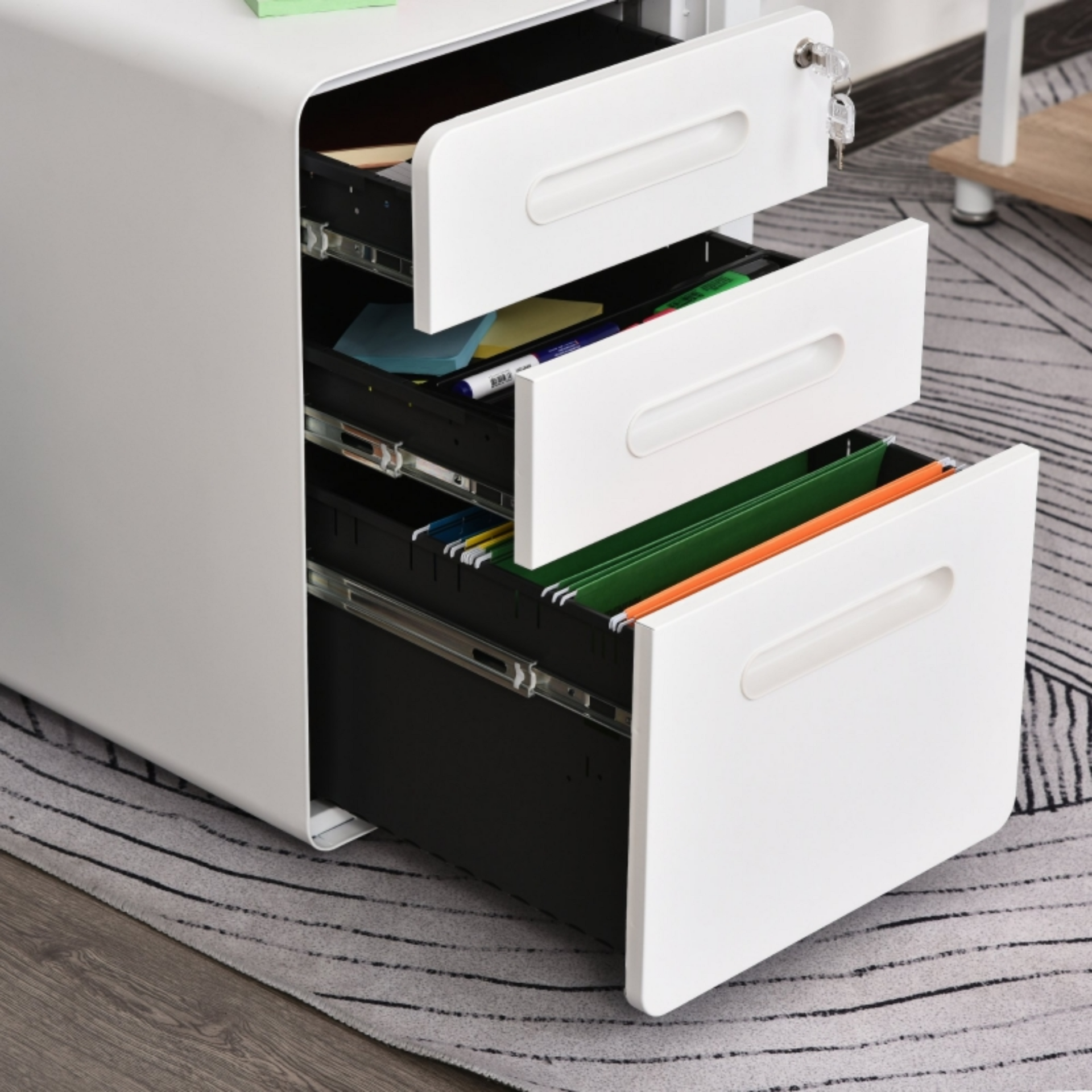 Compact ladeblok bureau wit staal met 3 lades en veilig slotsysteem