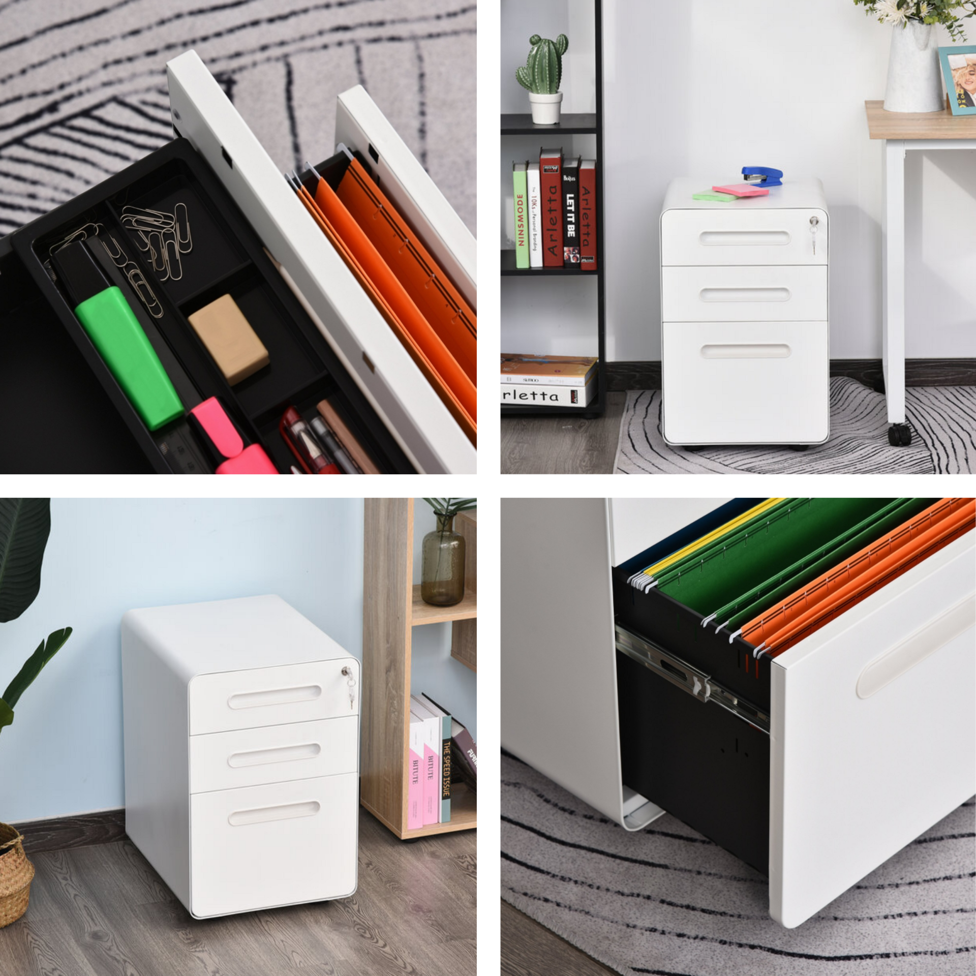 Compact ladeblok bureau wit staal met 3 lades en veilig slotsysteem