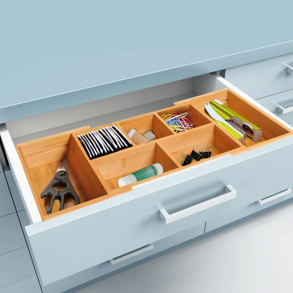 Uitschuifbare bamboe bureau-organizer met 5–7 vakken – 24,6–41 cm