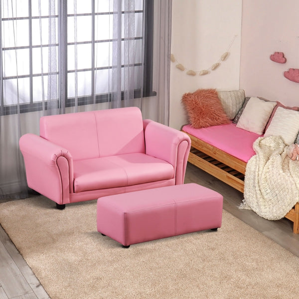 Roze kinderbank met hocker en zachte kinderfauteuil 83x42x41 cm