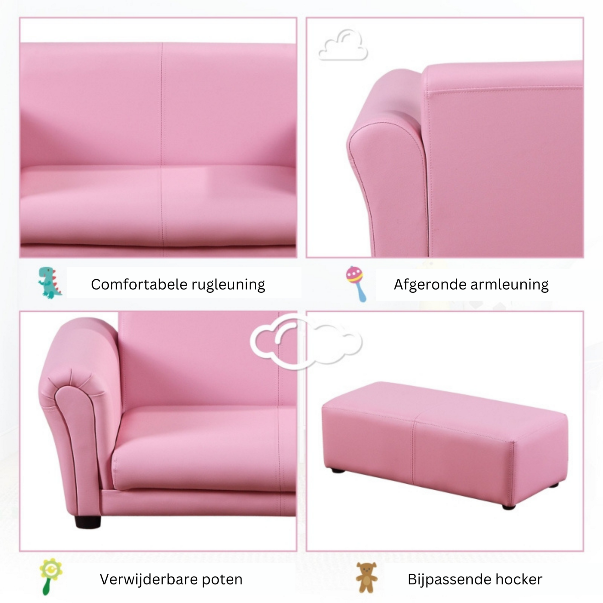 Roze kinderbank met hocker en zachte kinderfauteuil 83x42x41 cm