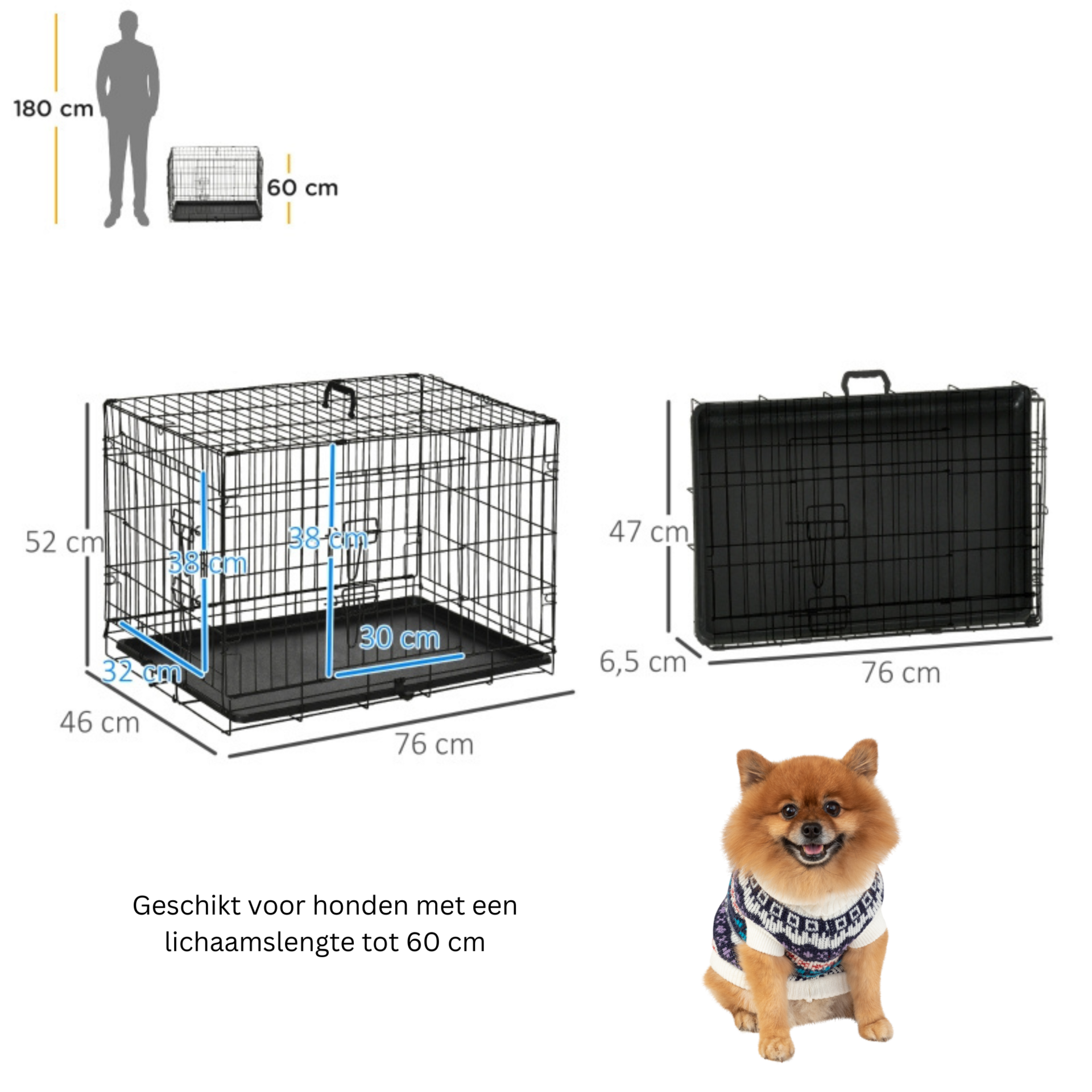 Stevige opvouwbare hondenbench zwart 76x46x52 cm makkelijk mee te nemen