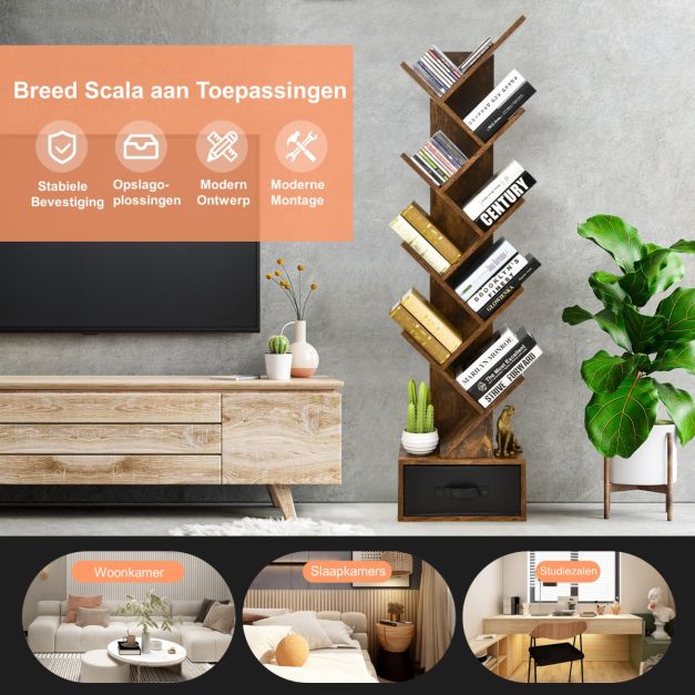 Industriële boekenkast met 8 schappen in bruin, 38x22x150cm | Zenzee