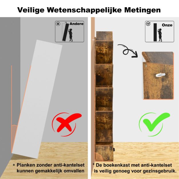 Industriële boekenkast met 8 schappen in bruin, 38x22x150cm | Zenzee