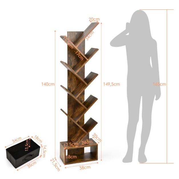 Industriële boekenkast met 8 schappen in bruin, 38x22x150cm | Zenzee