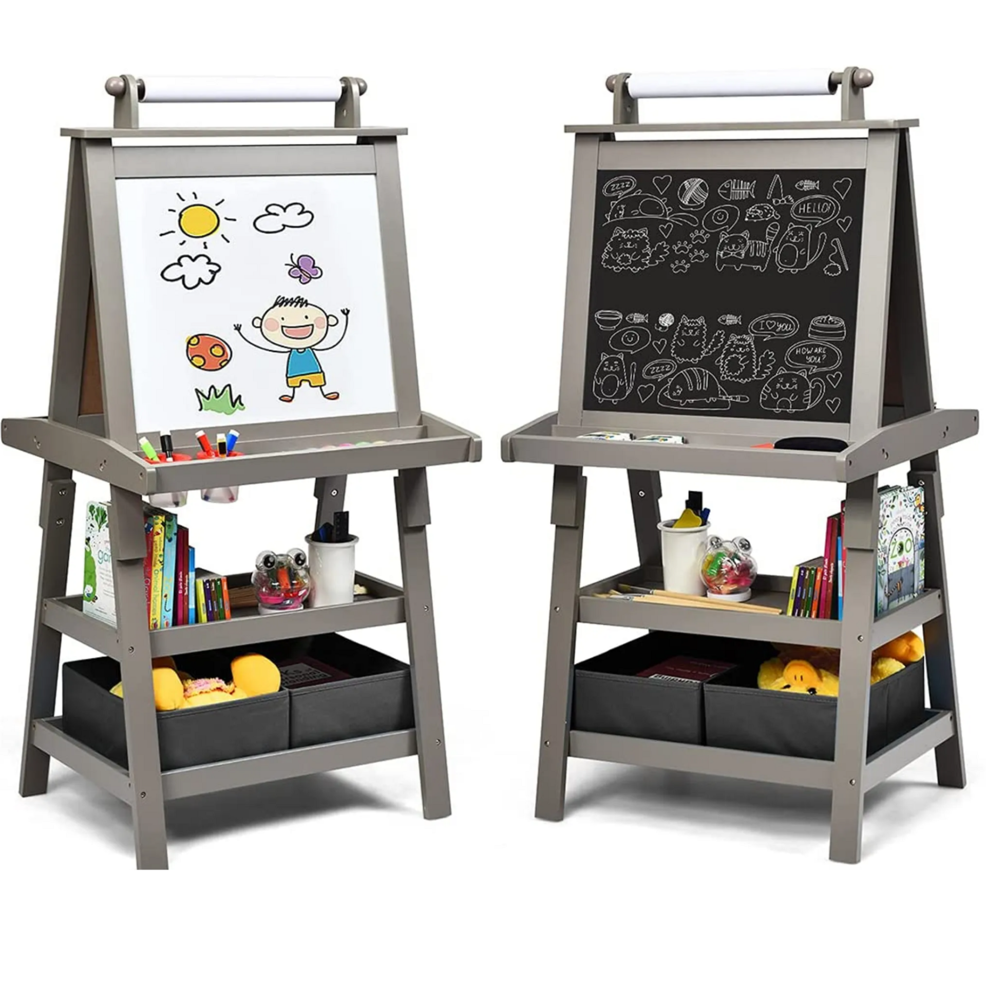Krijtbord en whiteboard grijs 59x50x117 cm, perfect voor kinderen om te tekenen