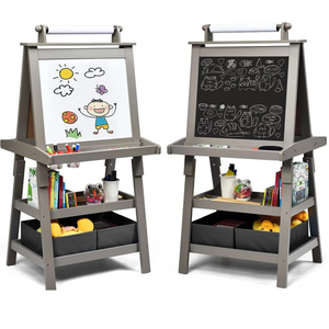 Krijtbord en whiteboard grijs 59x50x117 cm, perfect voor kinderen om te tekenen met opbergruimte en markerhouder