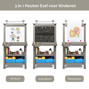 Krijtbord en whiteboard grijs 59x50x117 cm, multifunctioneel ezel voor kinderen met tekenpapier en opbergruimte