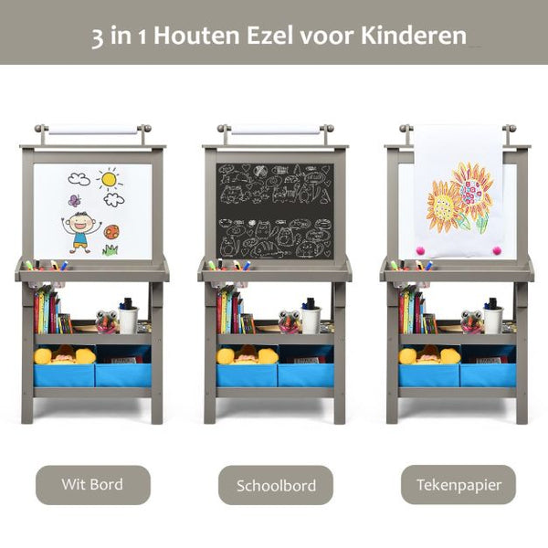 Krijtbord en whiteboard grijs 59x50x117 cm, perfect voor kinderen om te tekenen