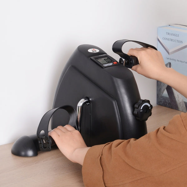 Compacte zwarte bureau hometrainer stoelfiets met display voor thuisgebruik